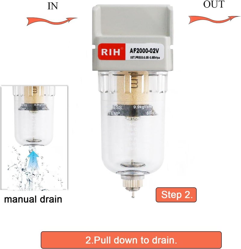 RH 1/4" NPT Air Dryer for Compressor, Air compressor water separator,air compressor filter,AF2000-02 Manual Drain,5 Micron Brass Element, Poly Bowl 0-150 psi 5μm - Image 2